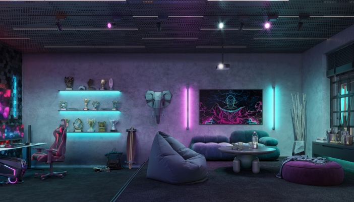 A dedicated game room with colored mood lighting