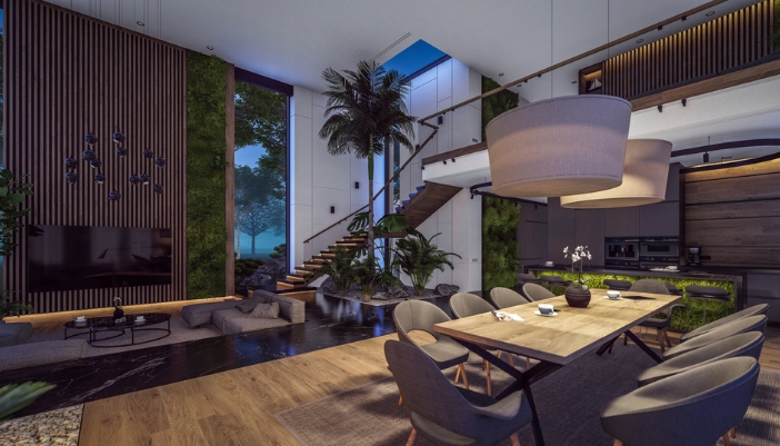 An open concept home with mood lighting for dining