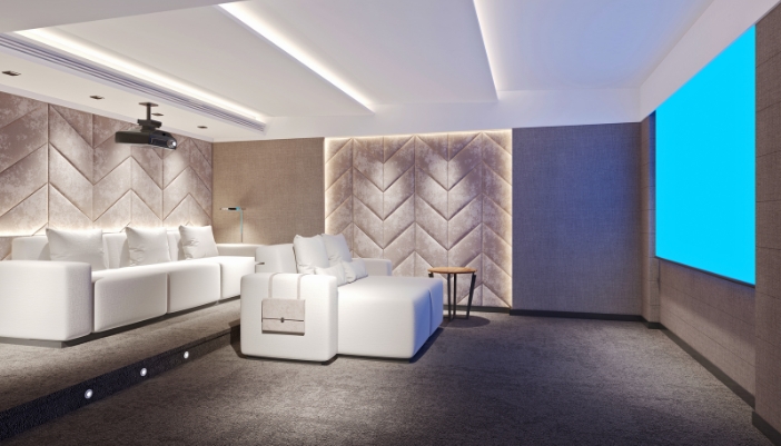 A home theater with insulation in the walls