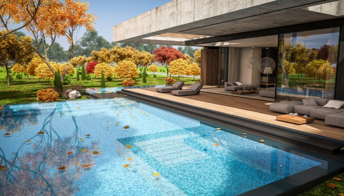 A concept image of a luxury pool with fall leaves on it