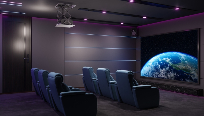 A retractable in-ceiling mount projector in a luxury home theater