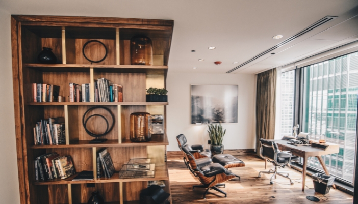 A luxury home office with smart shades