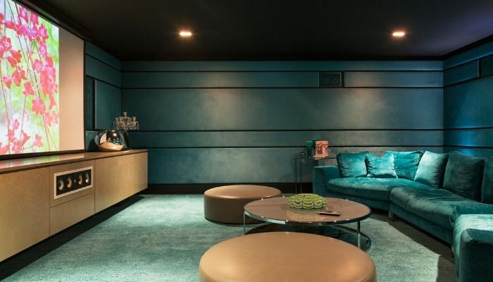 Fancy home theater with lots of speakers concept