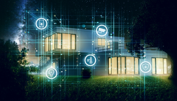 A smart home with digital depictions of the smart tech the home has