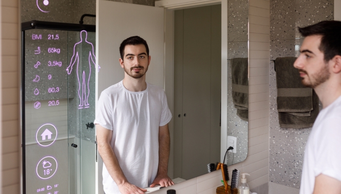 Man monitoring his health stats in his smart mirror