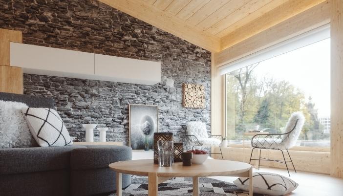 Nice living room with smart shades over winter window