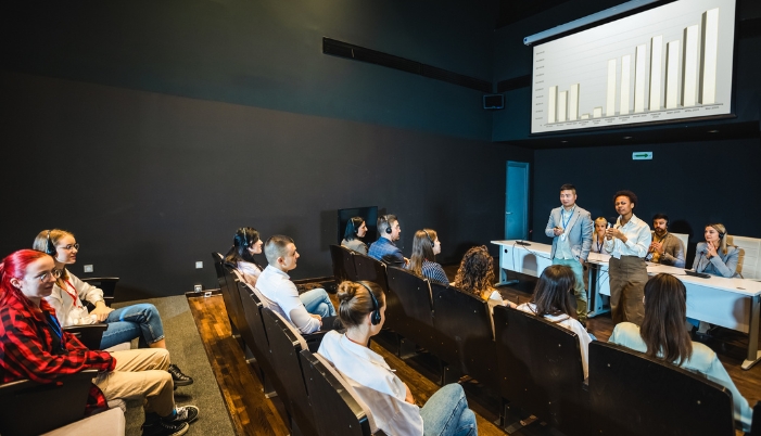 A smaller auditorium space with hearing assistance