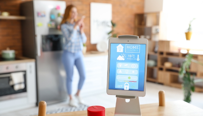 Woman using voice commands in smart home