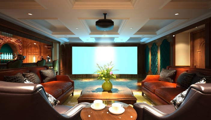 Home theater with a huge projector screen