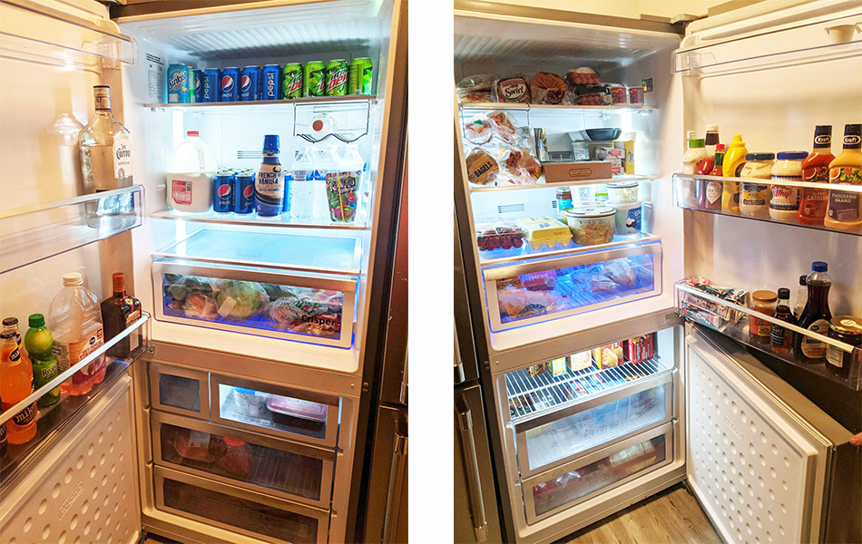 Inside view of Beko refrigerator stocked with food and beverages