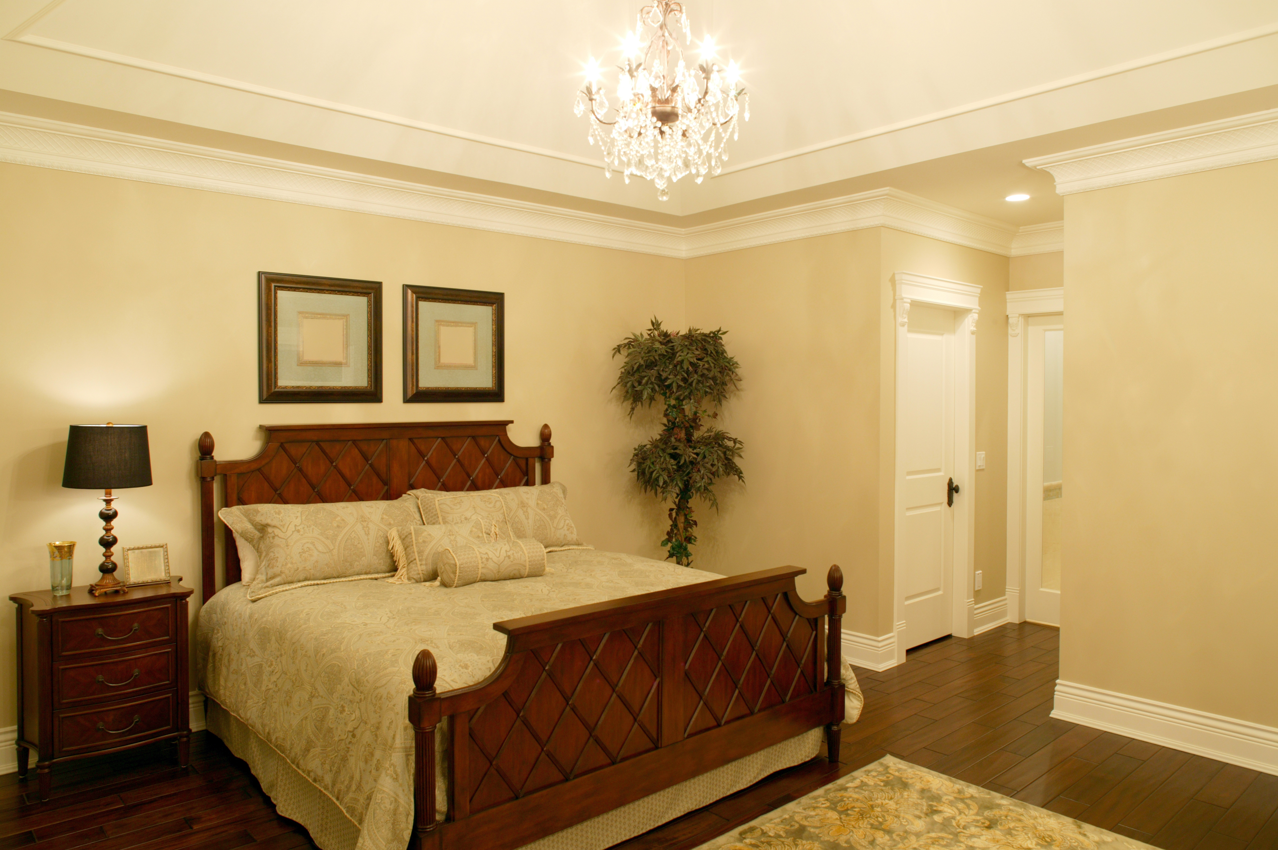 Traditional bedroom with chandelier