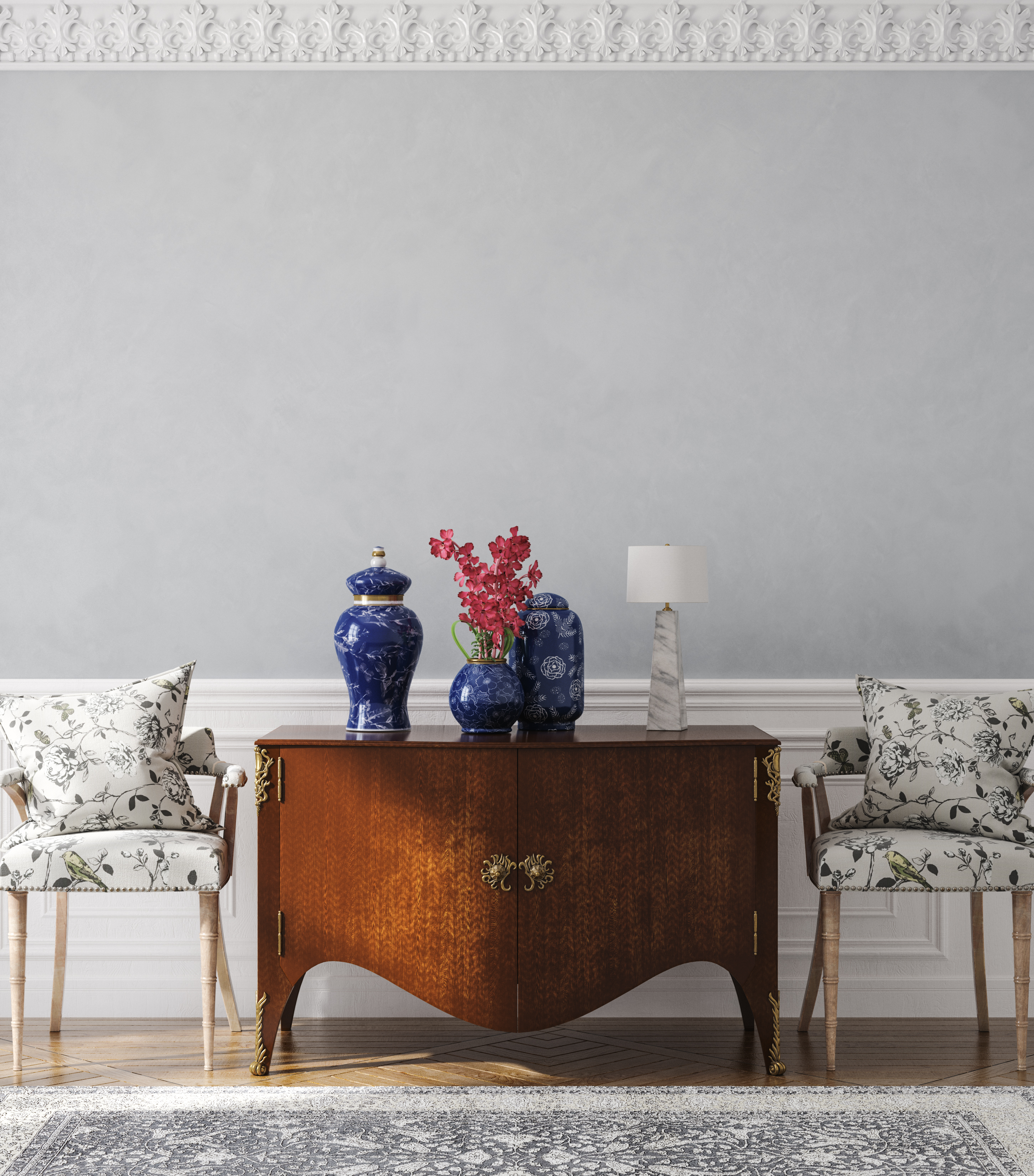 Dark wood credenza between two floral pattern chairs