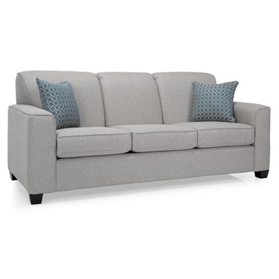 Mid-century style three-seat sofa with two decor pillows
