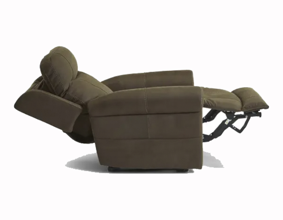olive tone upholstered recliner in reclined position