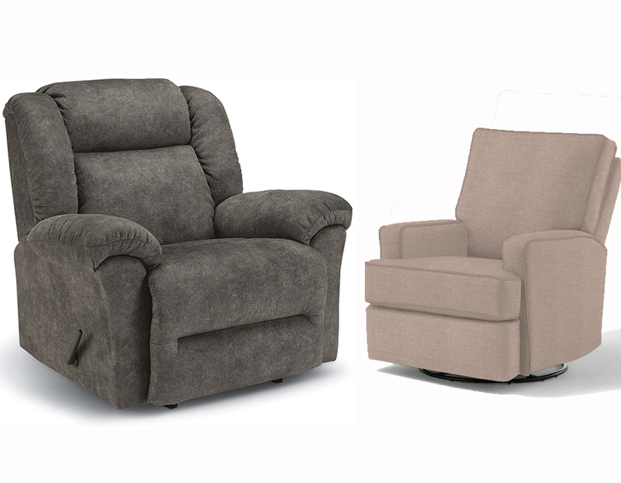 one gray and one beige upholstered recliner against white background