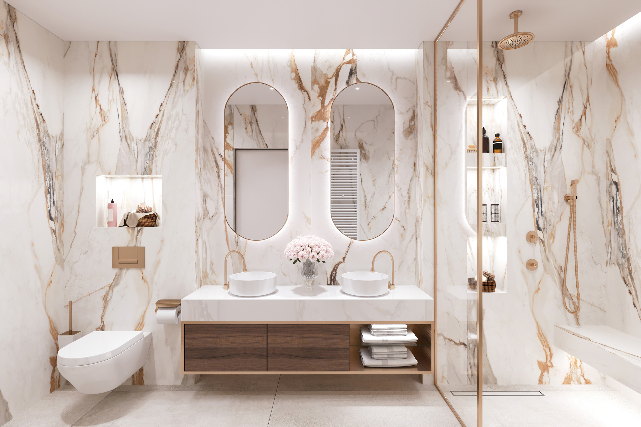 luxury white and gold bathroom with ceramic tile