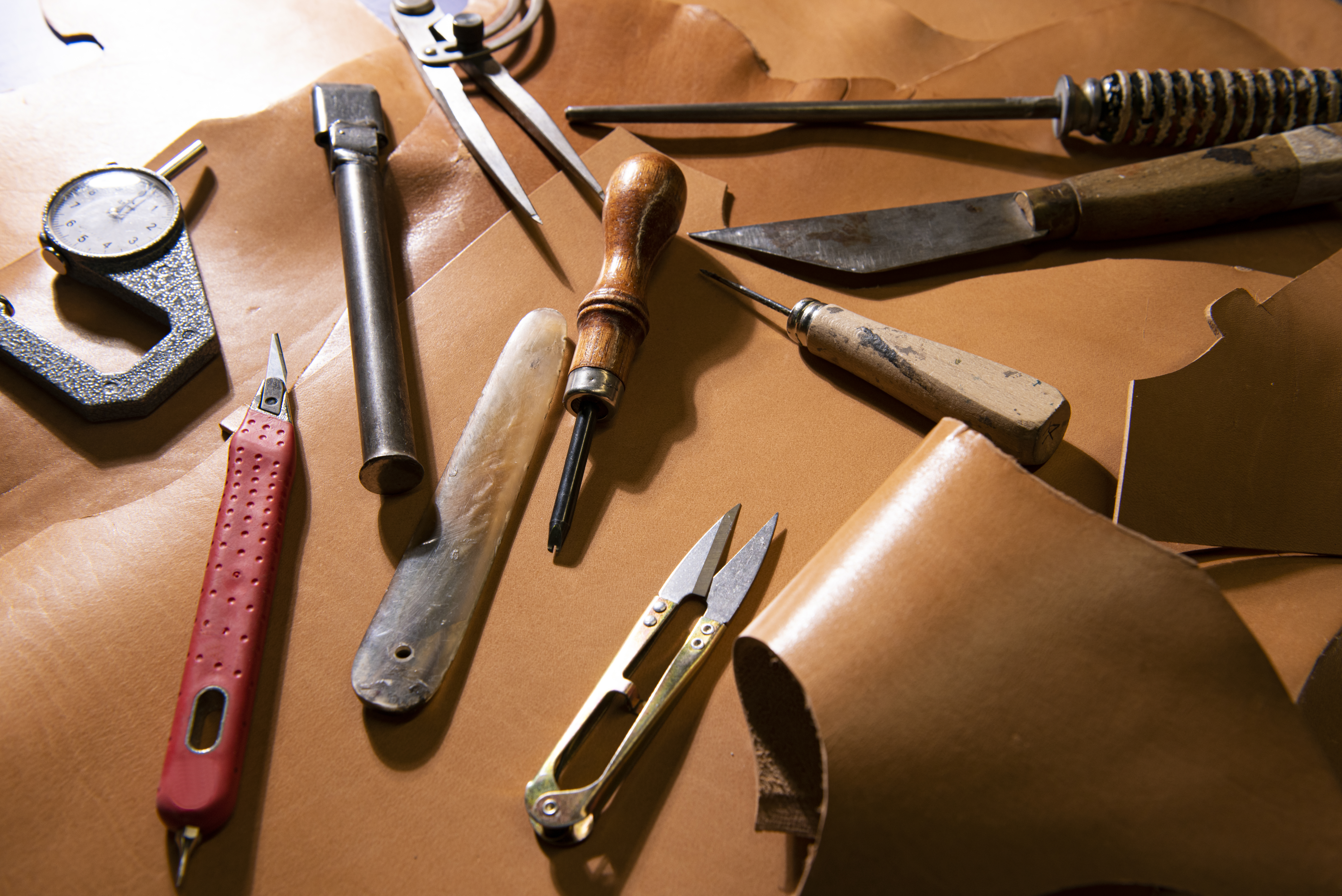 An assortment of leather making tools 