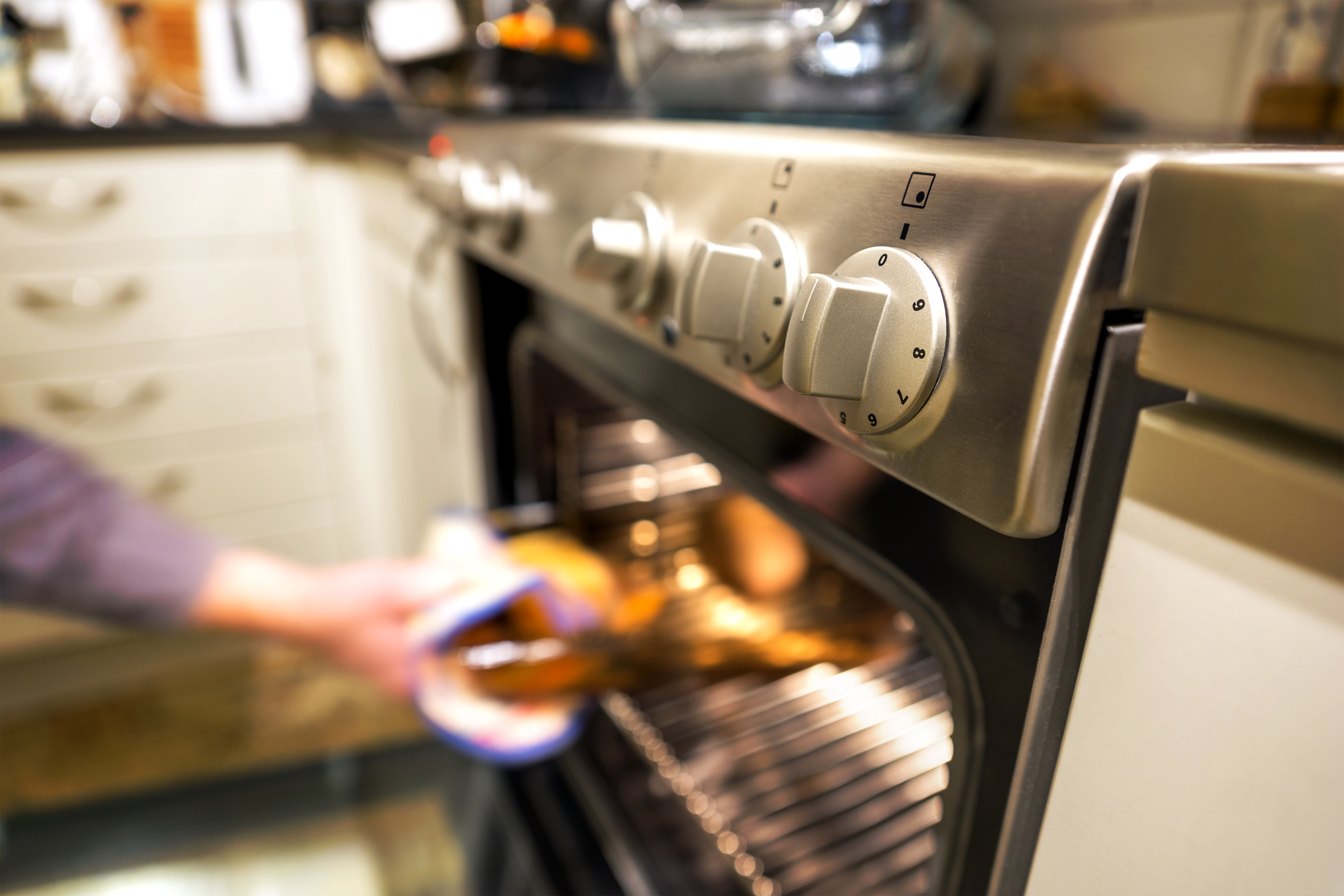 Hand of person taking out hot dish from electric oven in kitchen