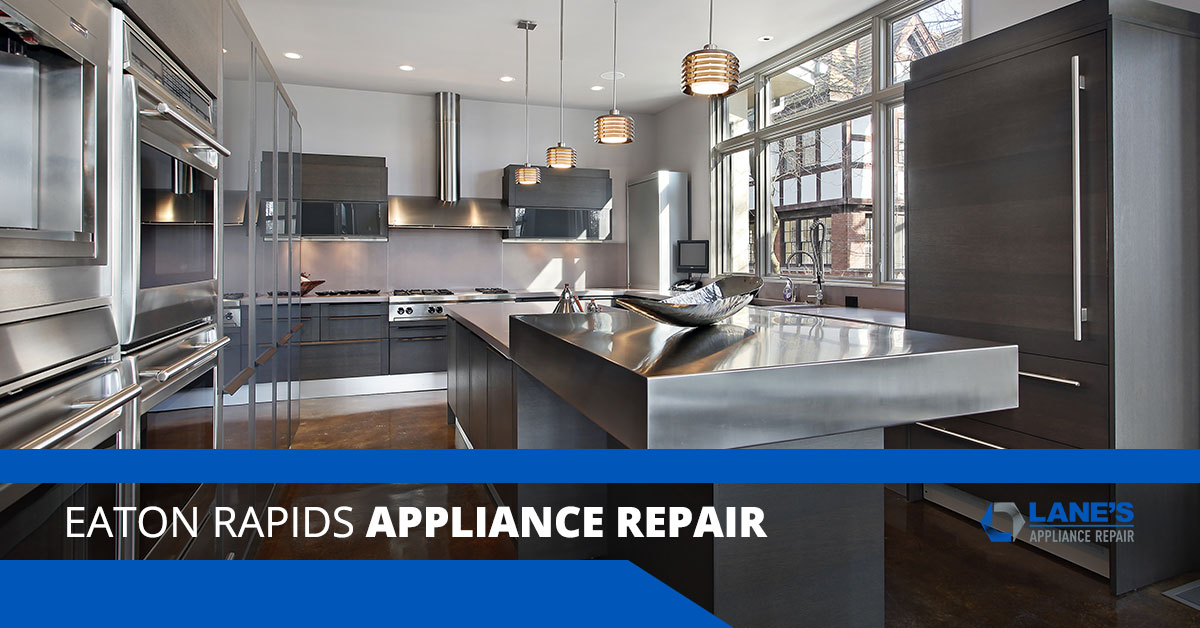 Stainless steel kitchen image that reads EATON RAPIDS APPLIANCE REPAIR