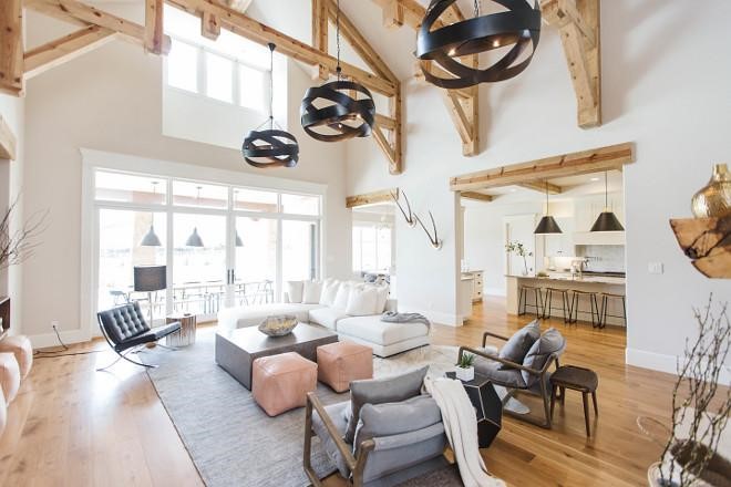 high ceiling white farmhouse living room 