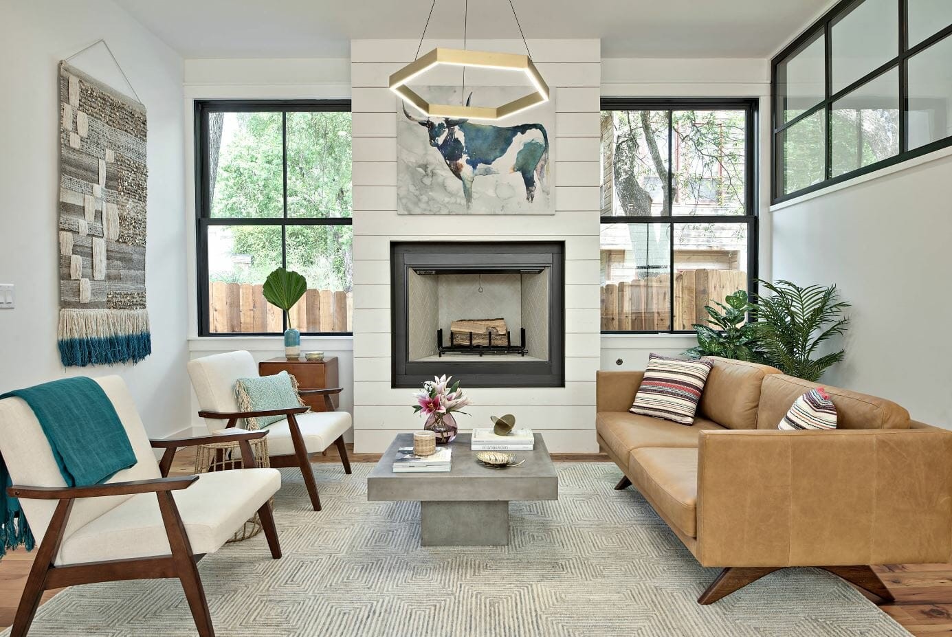 farmhouse living room with fireplace
