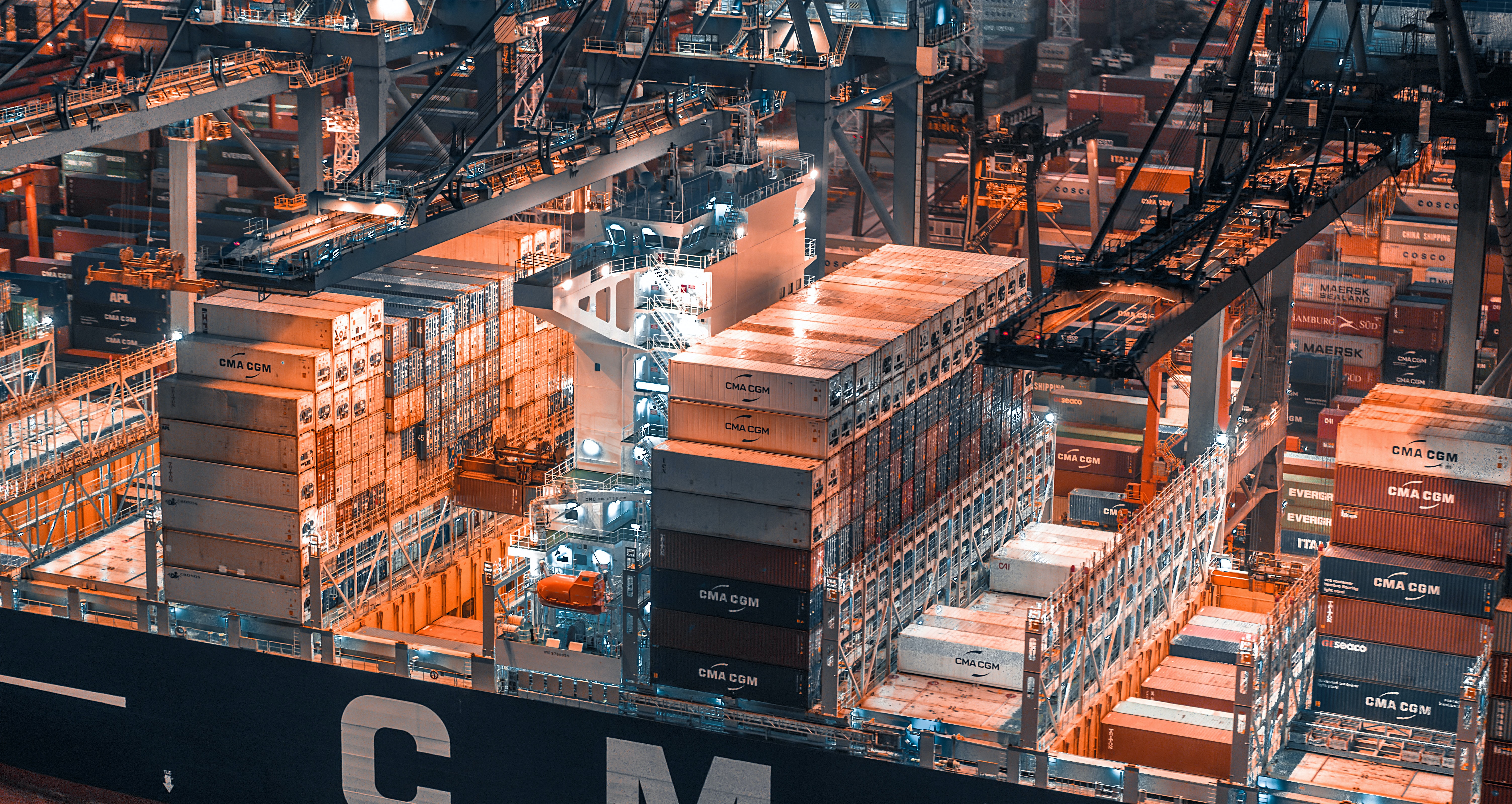 Wide shot of cargo ships
