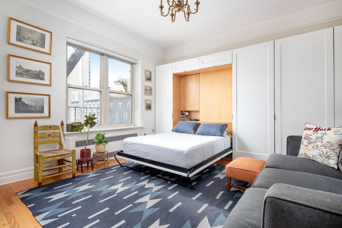 Open living space featuring an unfolded murphy bed