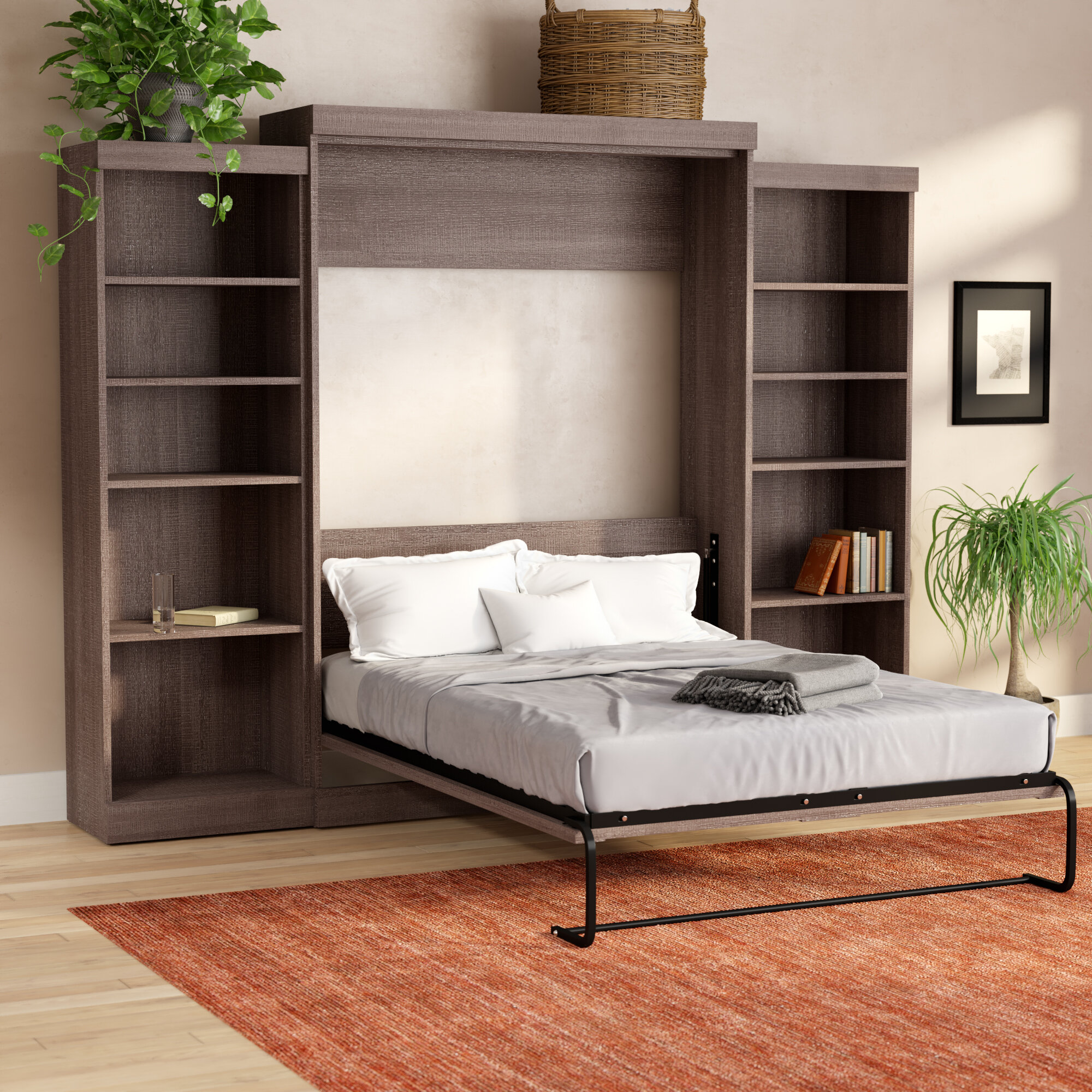 Wide shot of living space with an extended murphy bed