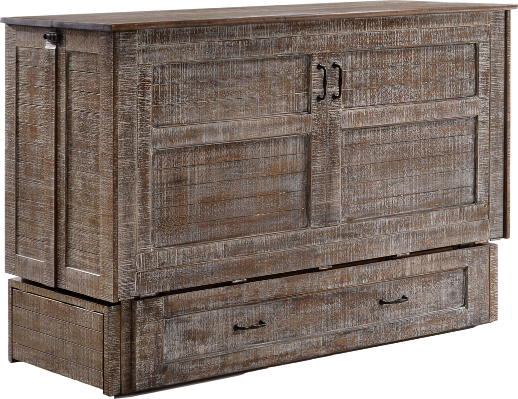 Closed murphy bed cabinet in a weathered finish 