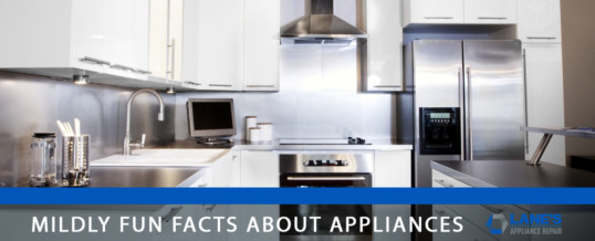 Kitchen image with white cabinetry + Stainless Steel appliances with a title that reads “MILDLY FUN FACTS ABOUT APPLIANCES”