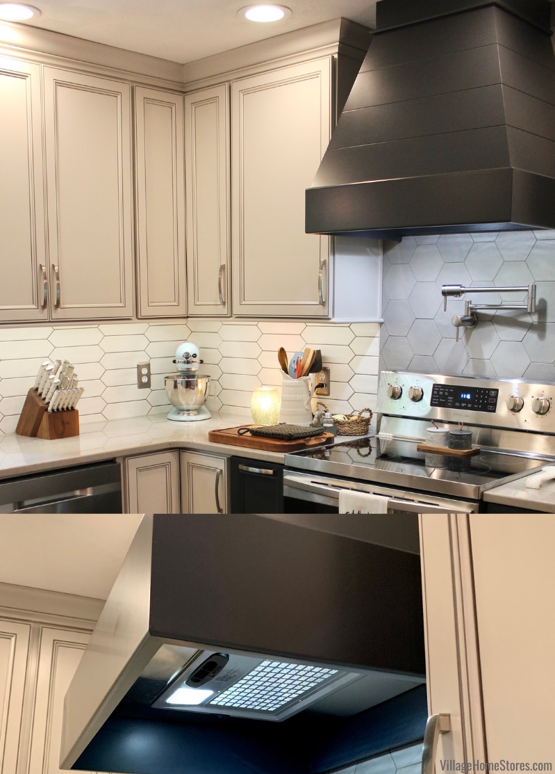 profile view of wood range hood cabinet with insert