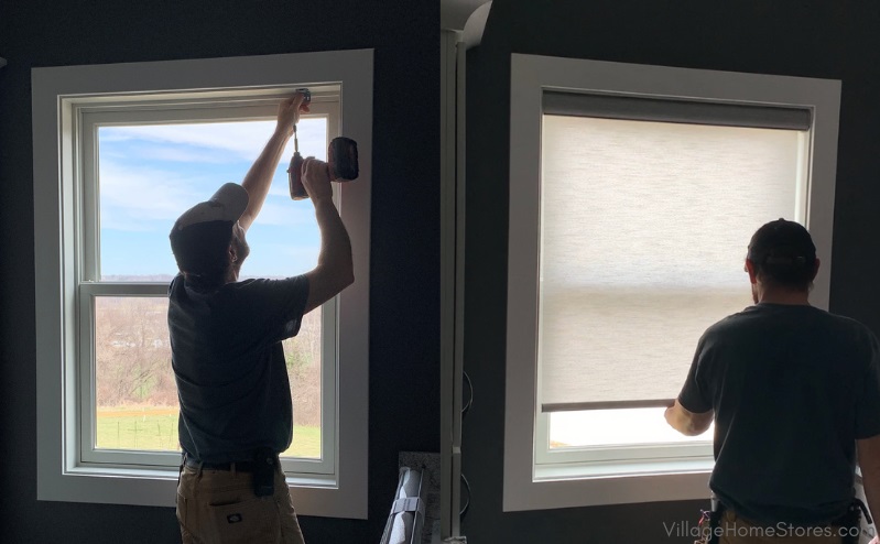 two images of custom roller shades being installed in a Coal Valley Illinois bathroom 