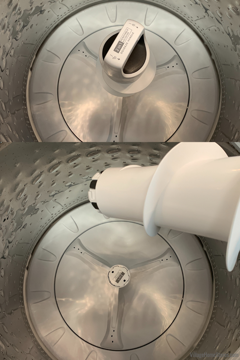 washing machine interior with agitator in place and with it removed