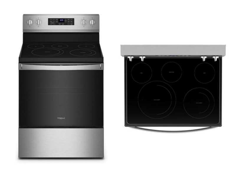 product images of electric cooktop air fry range in stainless steel from Whirlpool