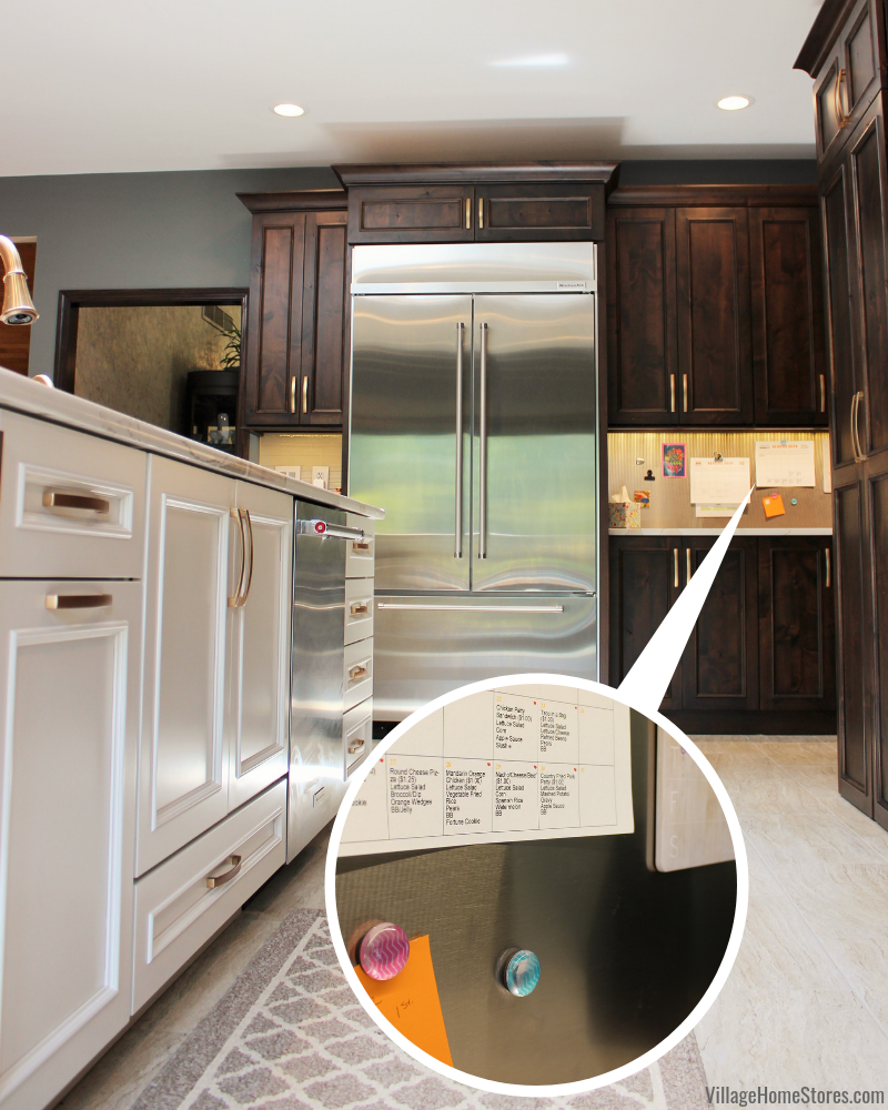 Image of kitchen design with inset detail image showing magnetic panel in backsplash area for family command center.