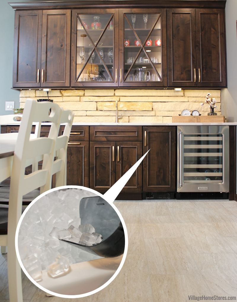 Wet bar design with inset image of KitchenAid clear ice inside of panel-front icemaker.