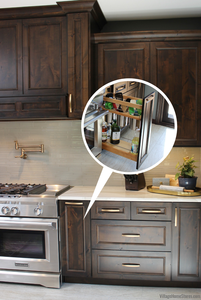 Image of range and cabinets with inset image showing pullout utensil storage open.