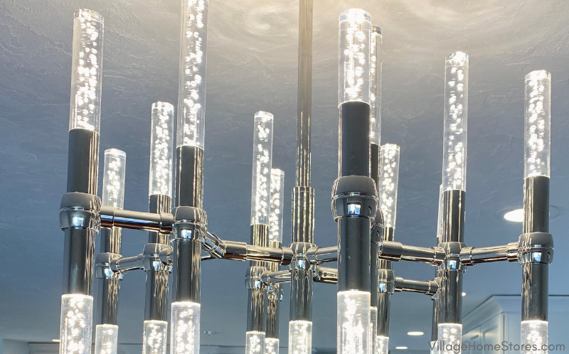 Closeup of LED chandelier bubble acrylic with polished chrome fixture