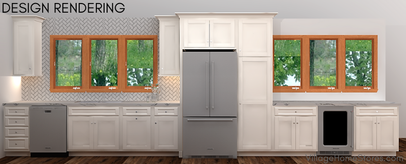 design rendering of kitchen sink wall with two large windows and refrigerator at center