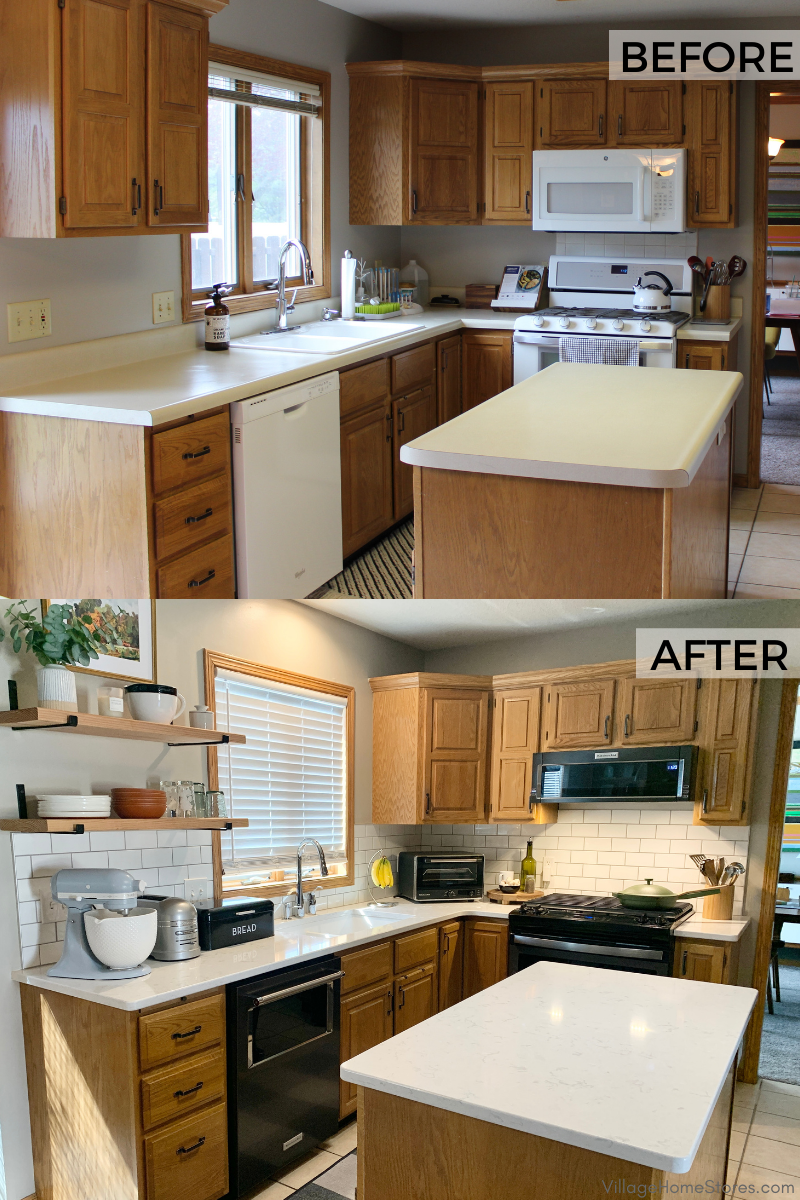 before and after image of oak kitchen with new Swanbridge Cambria quartz tops and subway tile