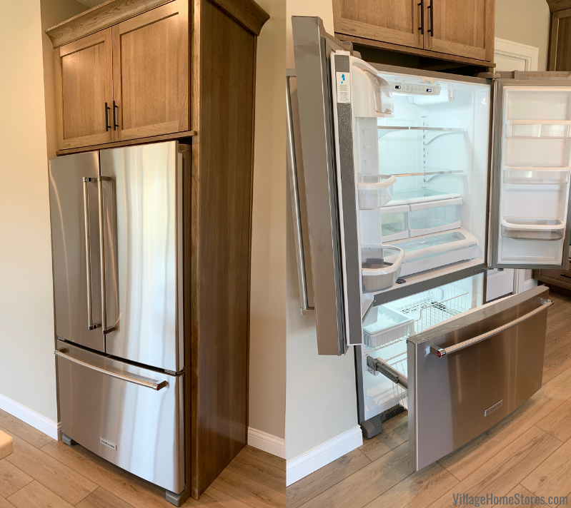 Kitchen Aid Stainless Steel French door refrigerator shown with door open and closed. Counter depth available from Village Home Stores.