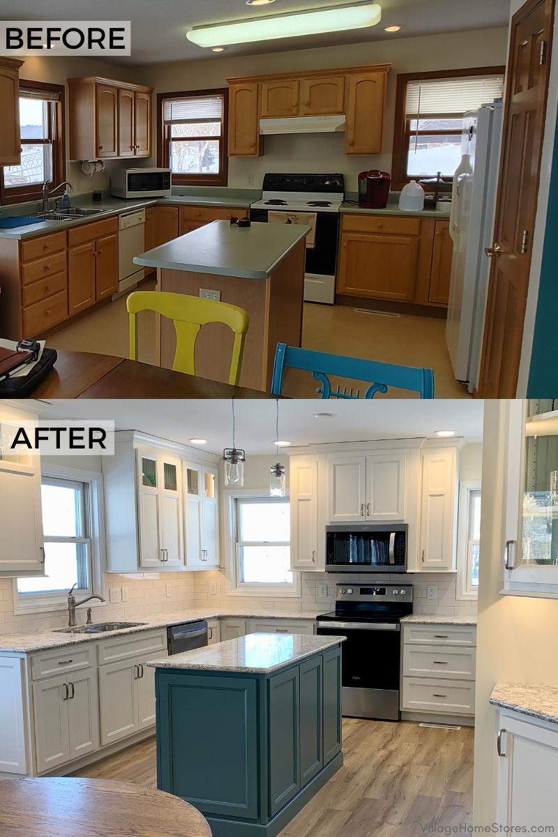 before and after lake house kitchen remodel showing transformation from light oak to painted cabinetry with quartz counters