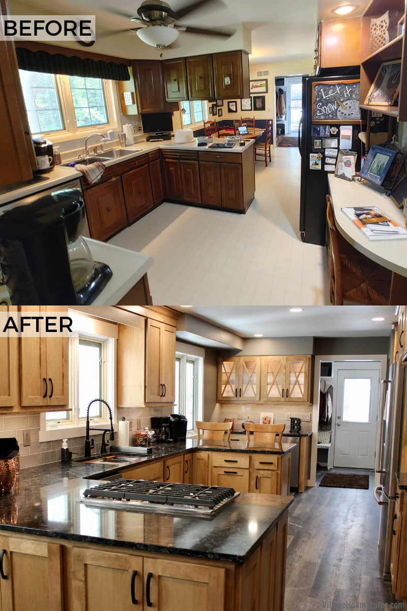 Before and after images of kitchen remodel with soffits removed
