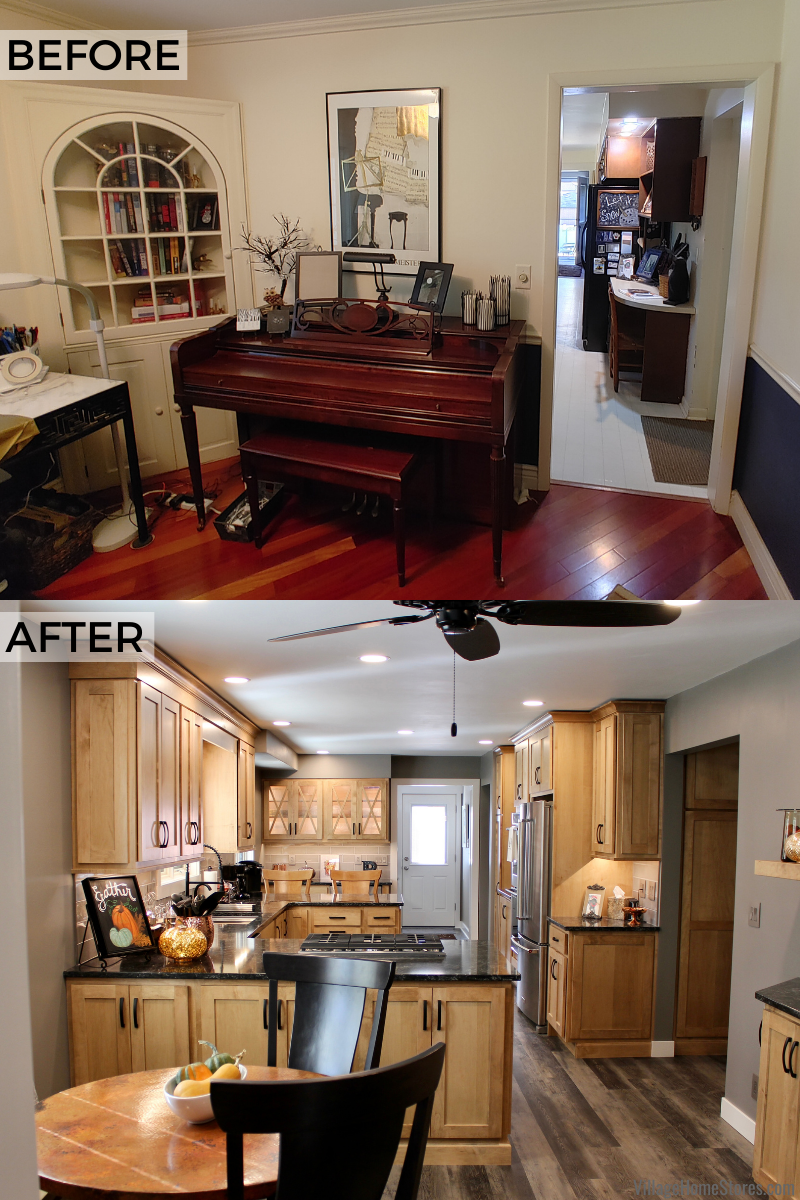 Before and after comparison images showing kitchen wall removed to create more space in new maple kitchen design