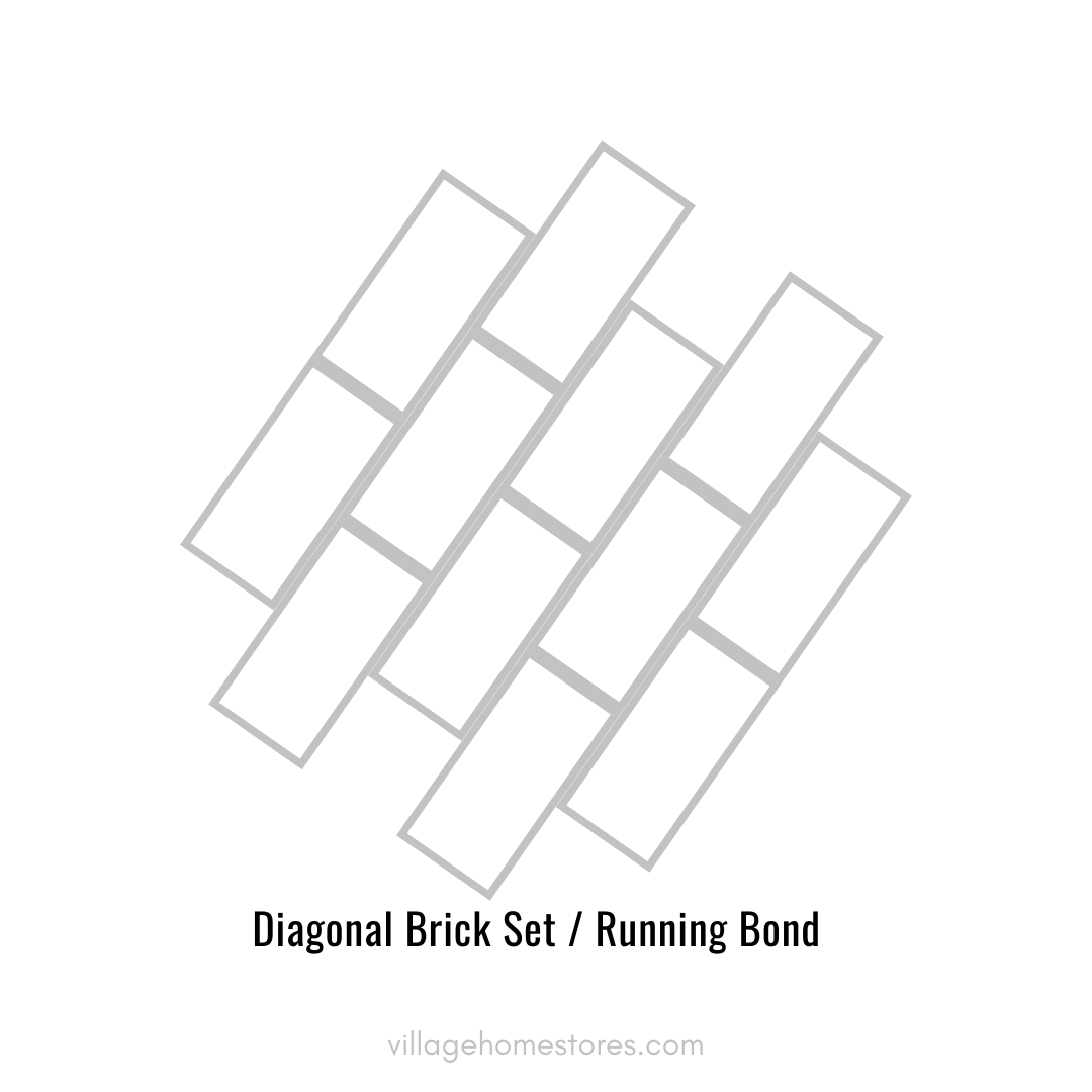 Line drawing infographic showing the brick set running bond tile pattern installed at a diagonal