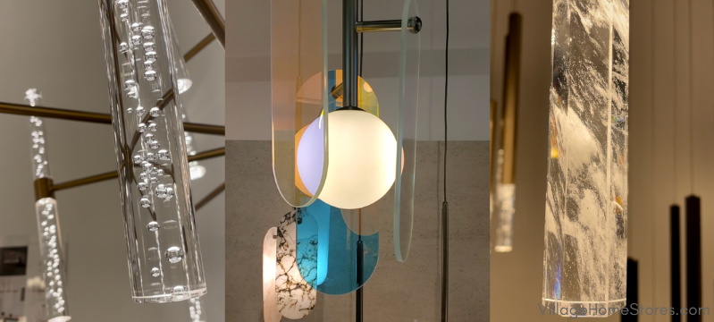 close up shots of light fixtured with textured and colors acrylic and clear epoxy style shades