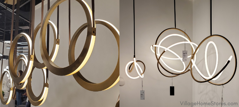 contemporary curved and round LED light fixtures and chandeliers