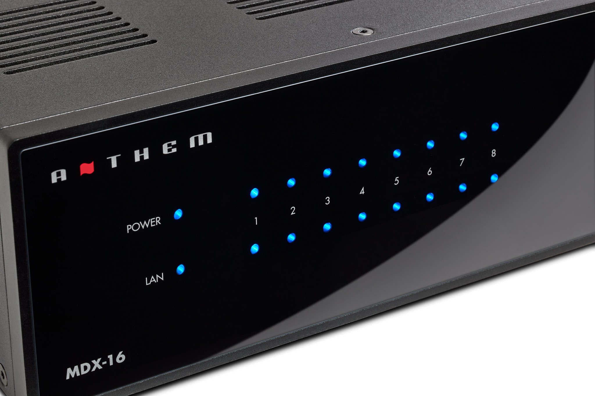 Close up of front display of Anthem MDX-16 audio distribution system. 