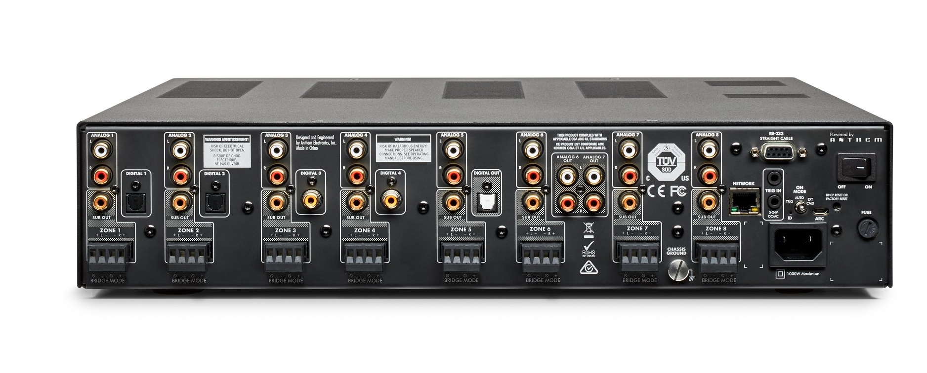Rear view of Anthem MDX-16 audio distribution system.