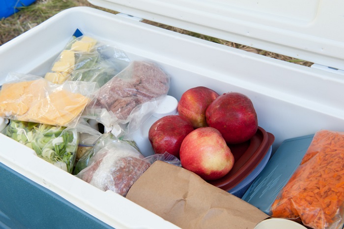 Portable cooler filled with fruits and other foods.